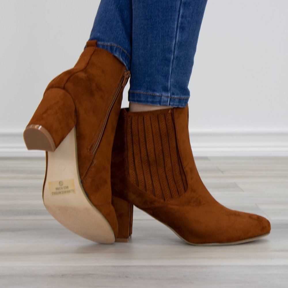 Vegan Suede Tan Bock Heel Ankle Bootie - Picture 3 of 8